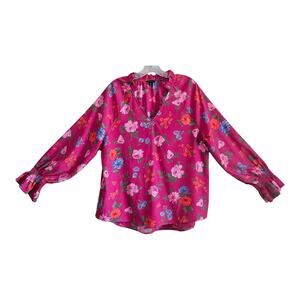 Ann Taylor Bright Pink Floral V-Neck Blouse